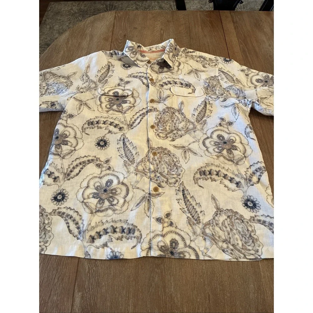 Tommy Bahama 100% Linen Shirt Island Floral Print Mens XL Muted Colors